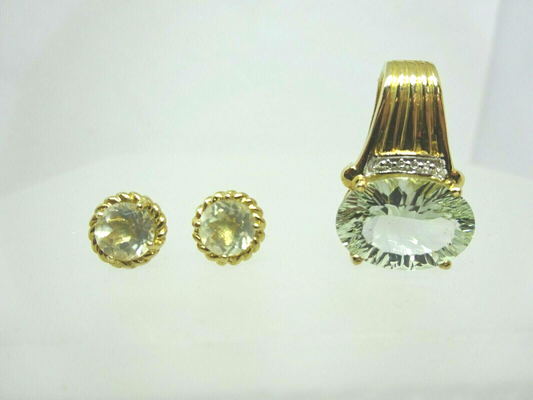 Prasiolite Round Quartz 8mm Earrings  & 14mm Oval Pendant 10K Yellow Gold