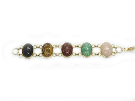 Carved Gemstone Scarab Bracelet Gold Tone