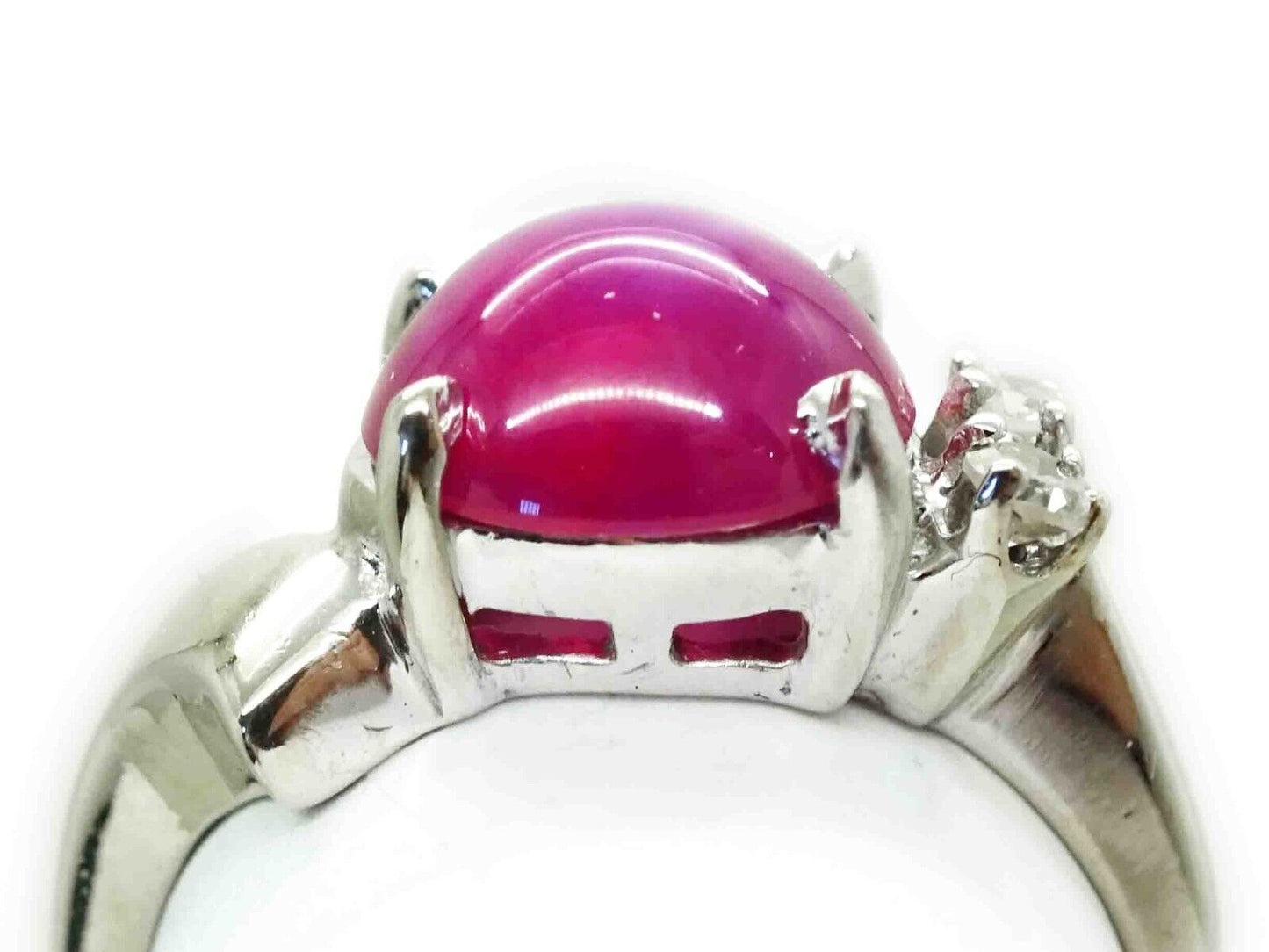 Vintage Lab-Created Lindy Star Ruby & Natural Diamond Ring 14k White Gold Sz 3.5