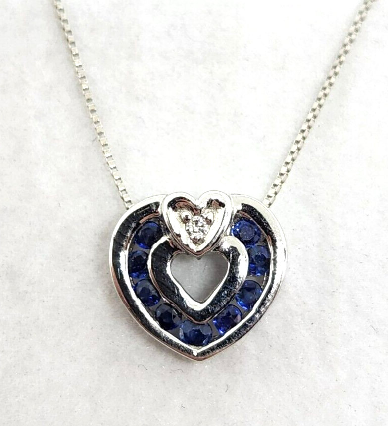 14k White Gold Sapphire & Diamond Heart Pendant W/ 14k Gold Box Chain, 23'' Long