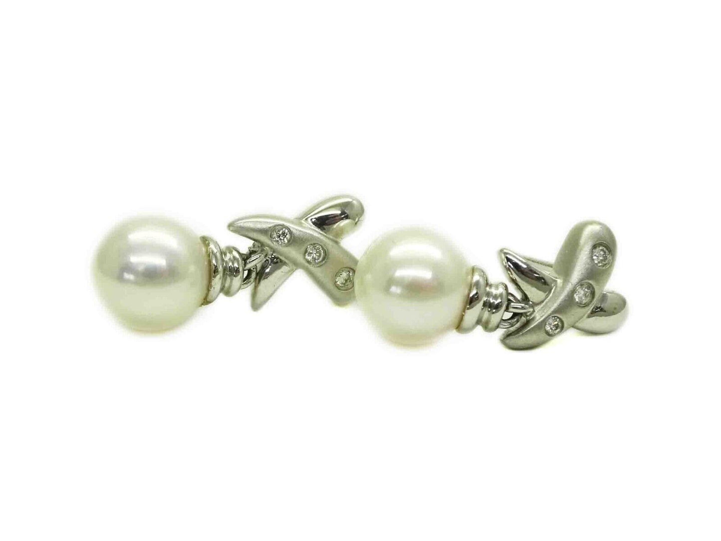 7mm Wide Pearl Bead & Diamond Accent X Drop Earrings 14k White Gold