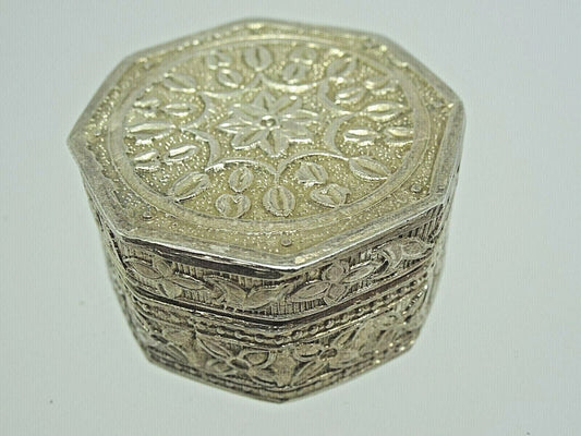 Antique Octagon Shaped Floral Sterling Silver Pill Trinket Box