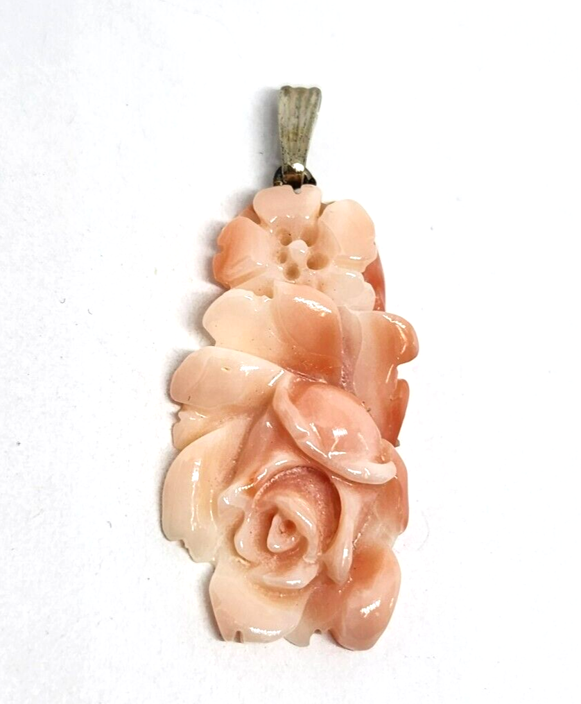 Carved Floral Angel Skin Coral Sterling Silver Pendant 1.25" Long