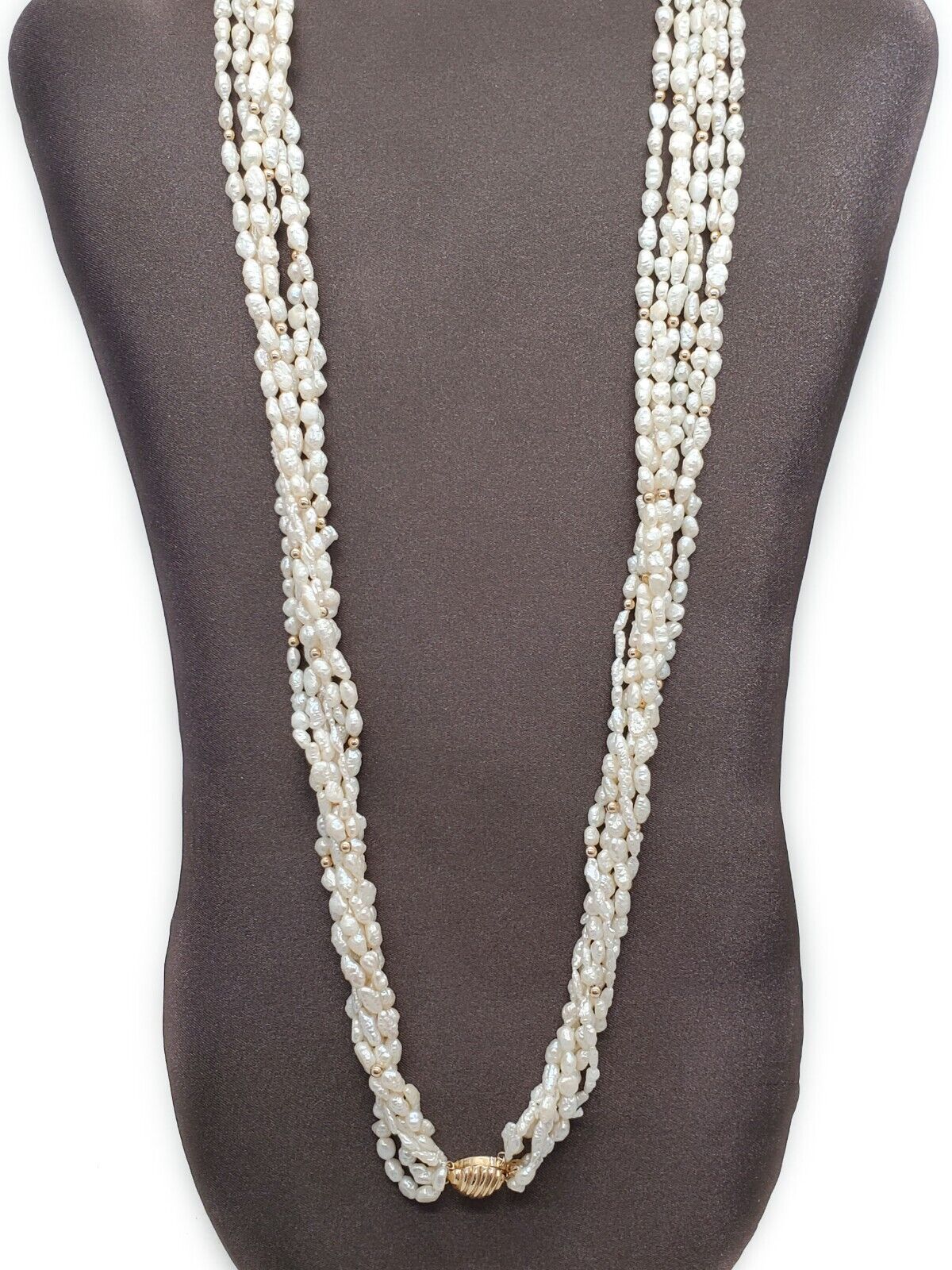 Estate Lustrous 6-Strand Rice & Baroque Pearl Necklace 14k Gold Clasp 28"