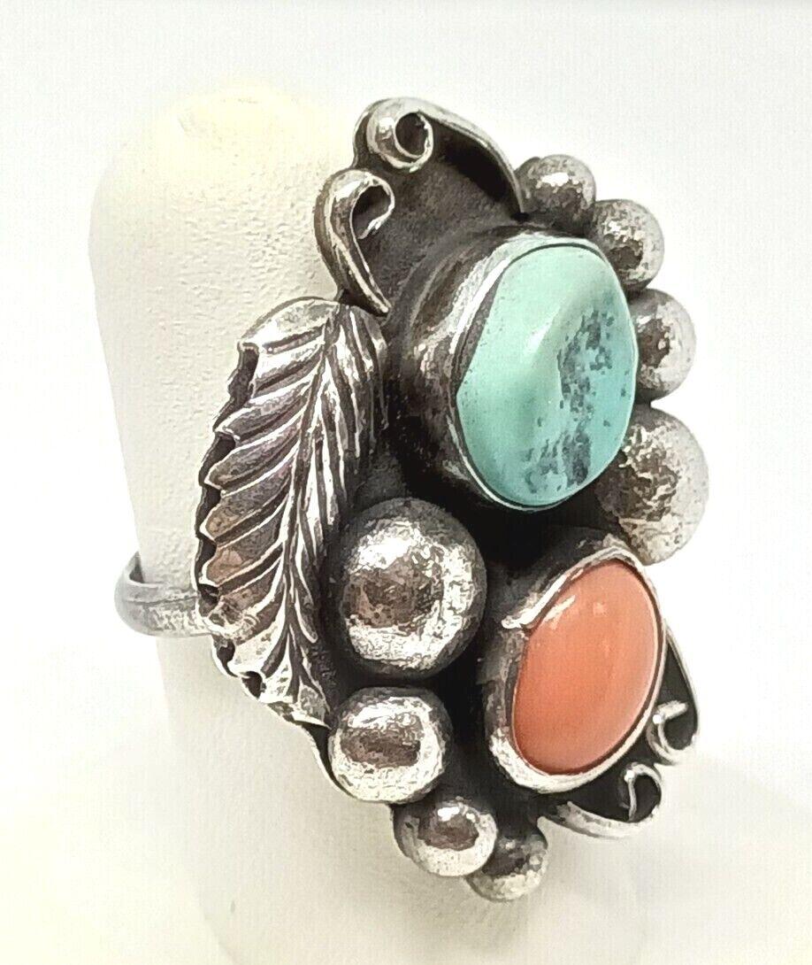 Old Pawn Navajo Sterling Silver Turquoise Coral Ring, Signed X, Size 6