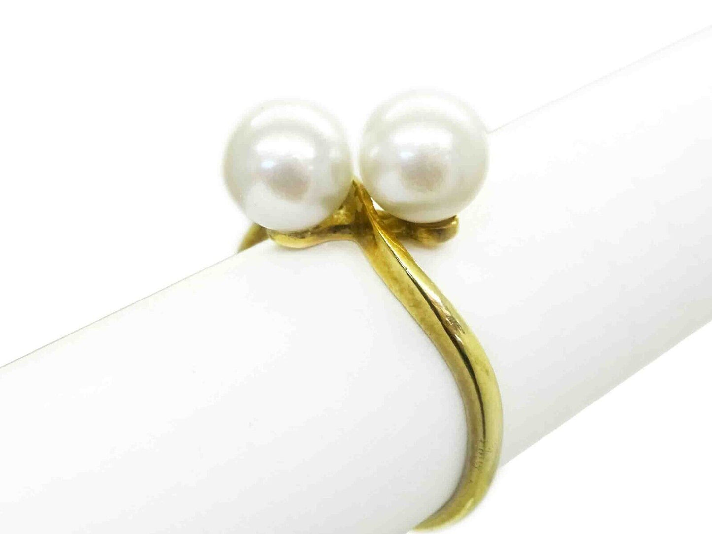 Mikimoto 7mm Wide Double Pearl Bypass Style Band Ring 14k Gold Size 7.5