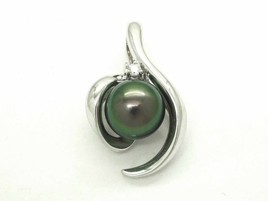 11mm Wide Natural Tahitian Black Pearl Freeform Swirl Pendant 10k White Gold