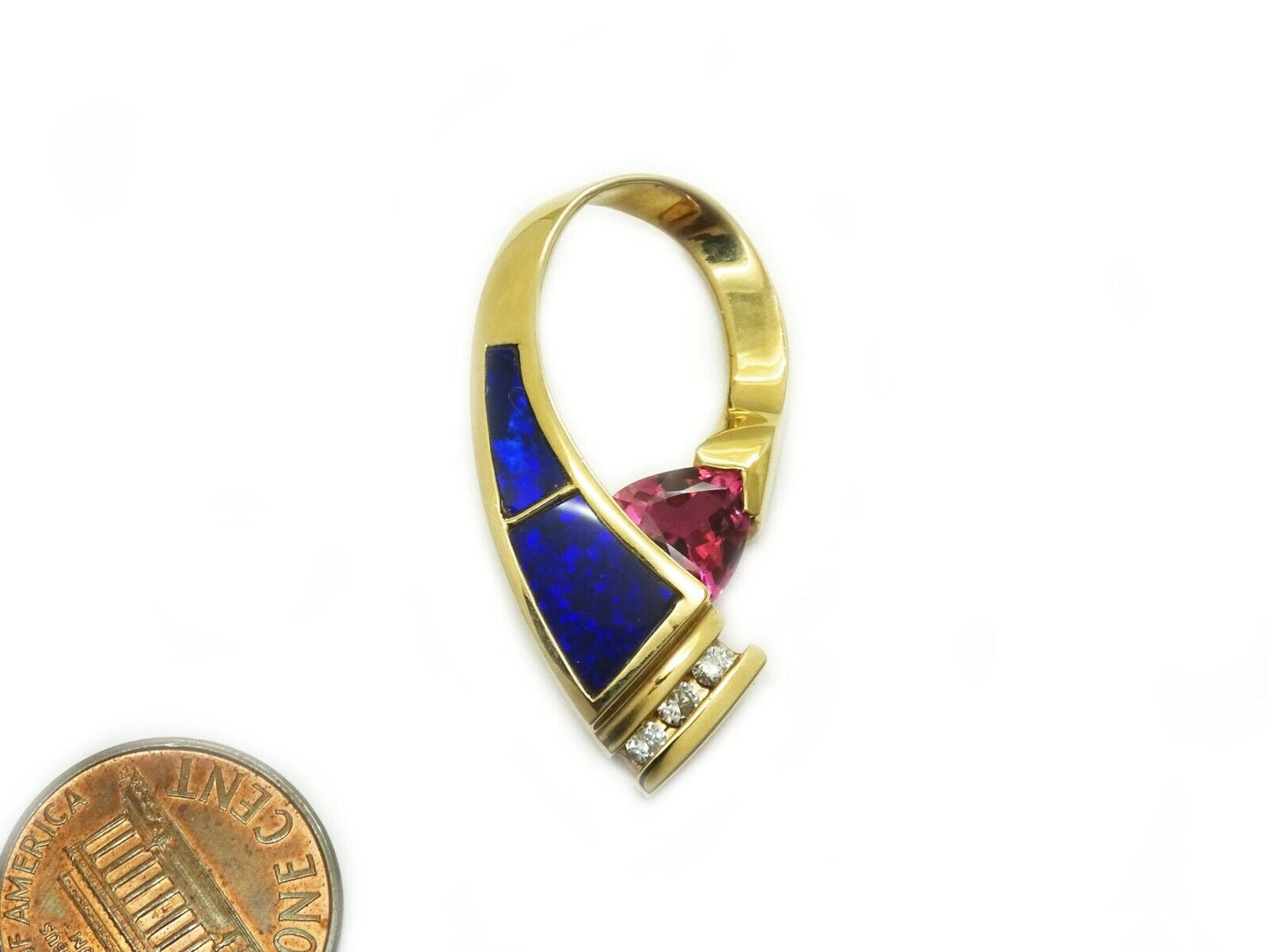 Fiery Violet Blue Opal Pink Tourmaline Diamond Slide Pendant 14k Gold