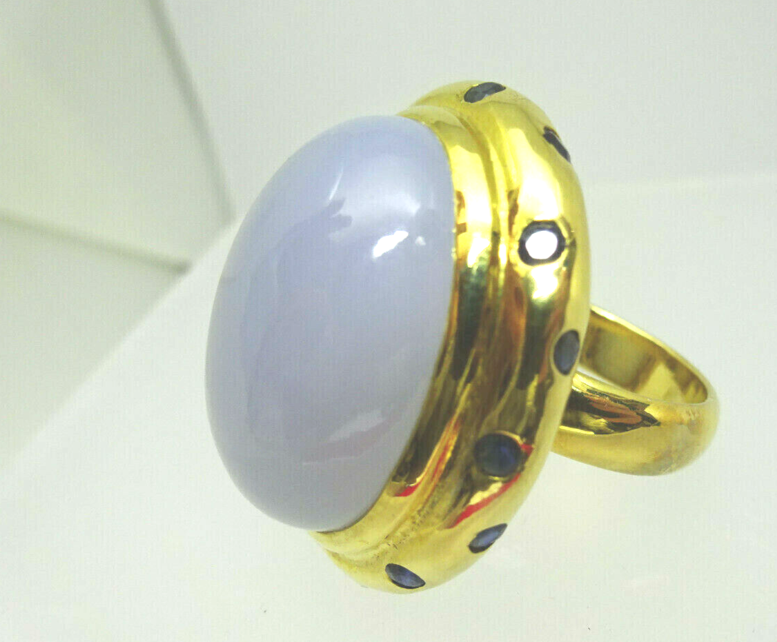 30ct tw Blue Chalcedony & Sapphire 18K Over Sterling Ring,Vermeil,20 grams,Sz.8