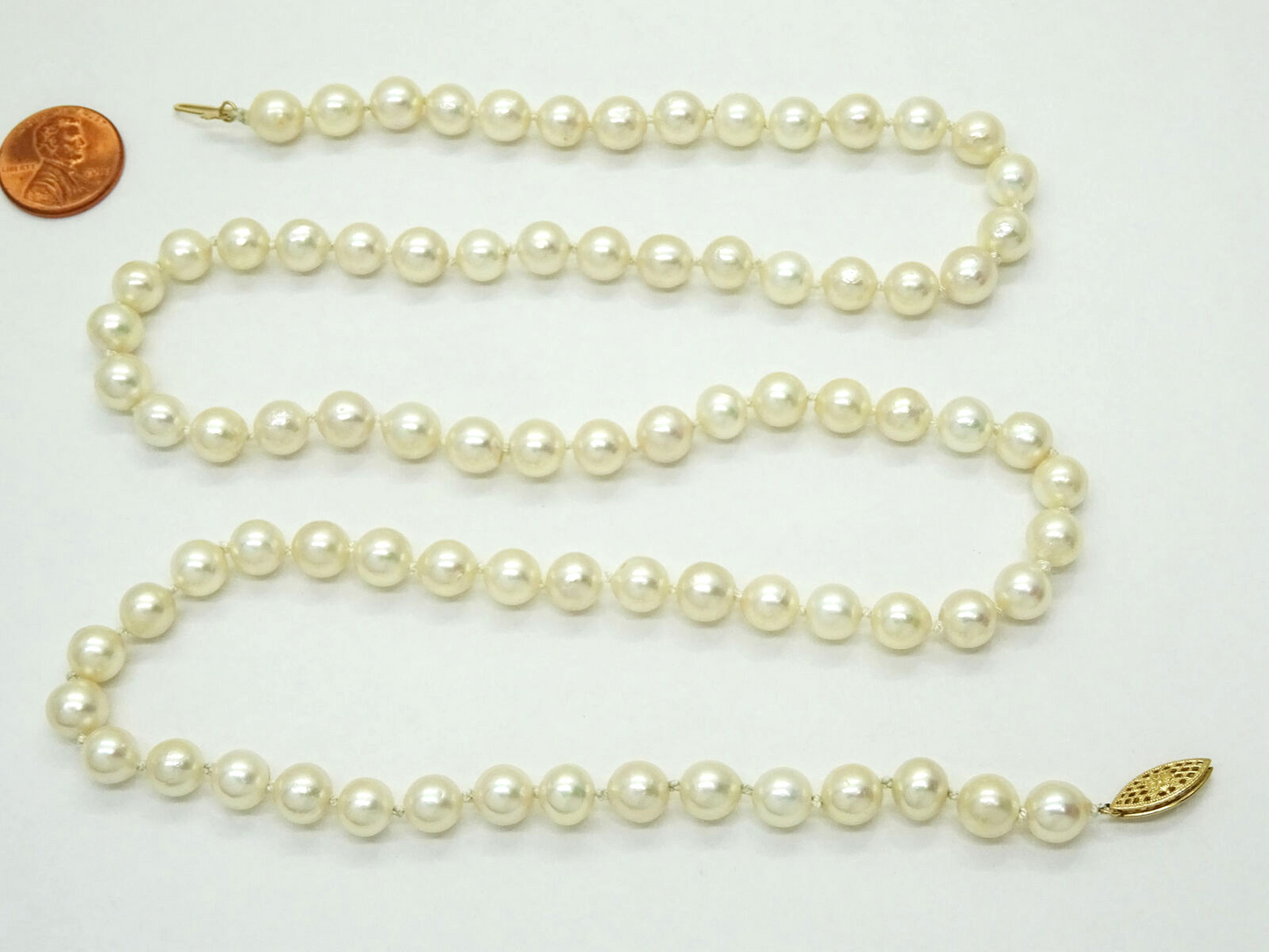 8mm Natural Pearl Bead Necklace 28" Opera Length 14k Gold Clasp