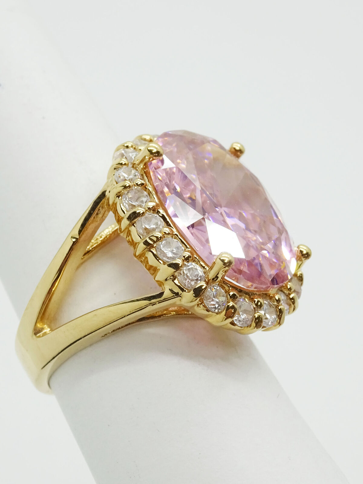 Large Oval Pink Ice & CZ Halo Vermeil Sterling Silver Ring Size 6