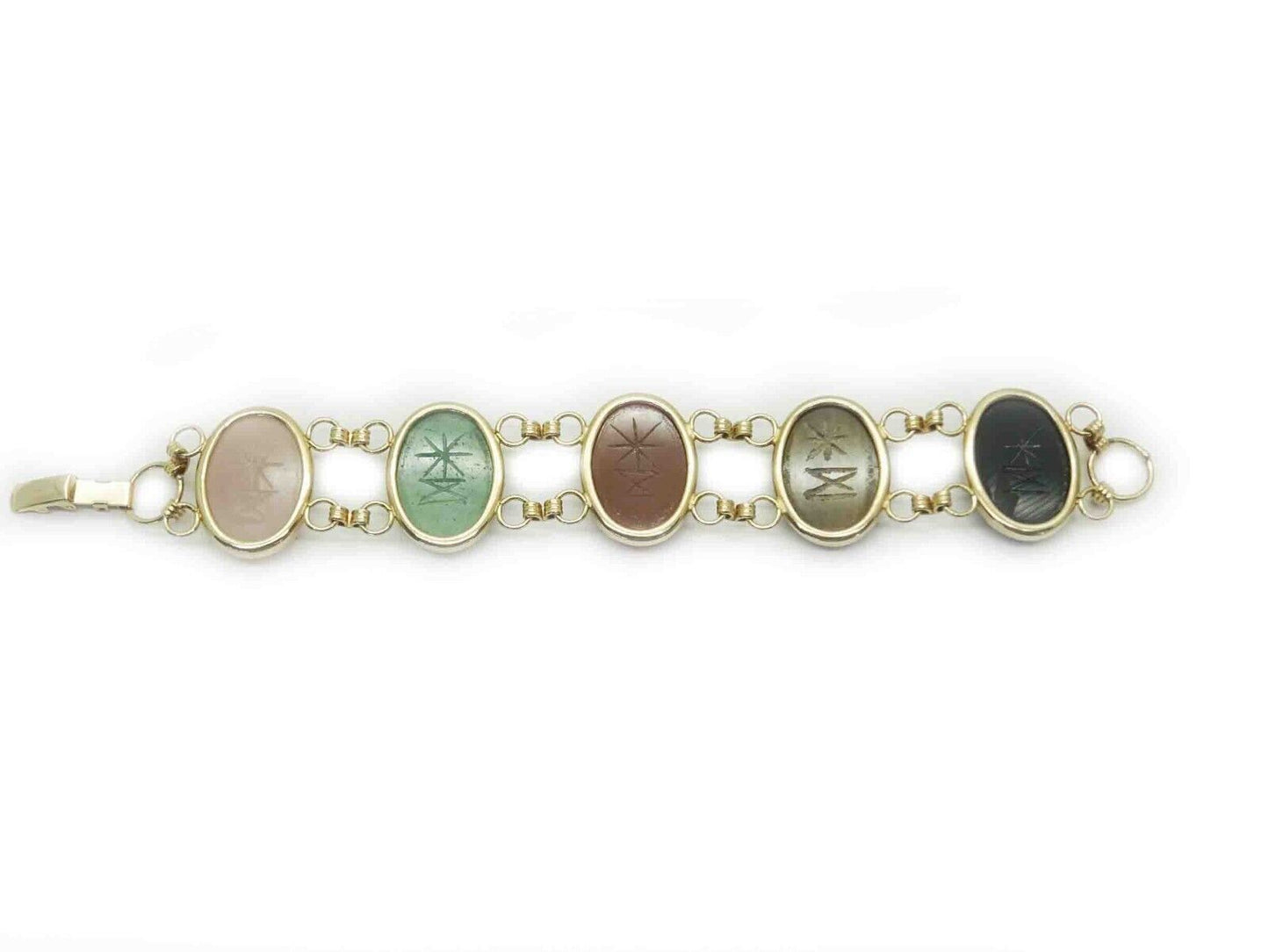 Carved Gemstone Scarab Bracelet Gold Tone