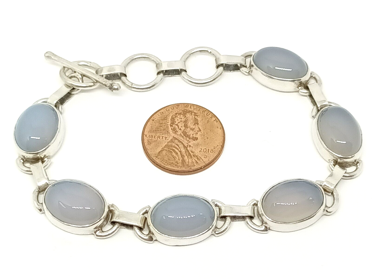 Genuine Blue Chalcedony Cabochon Sterling Silver Bracelet, 8'' Long