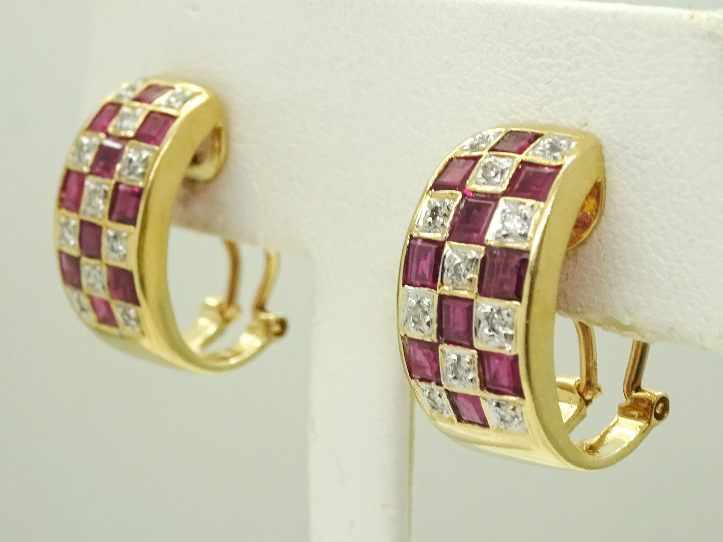 Vintage 14k Yellow Gold Ruby and Diamond Omega Earrings