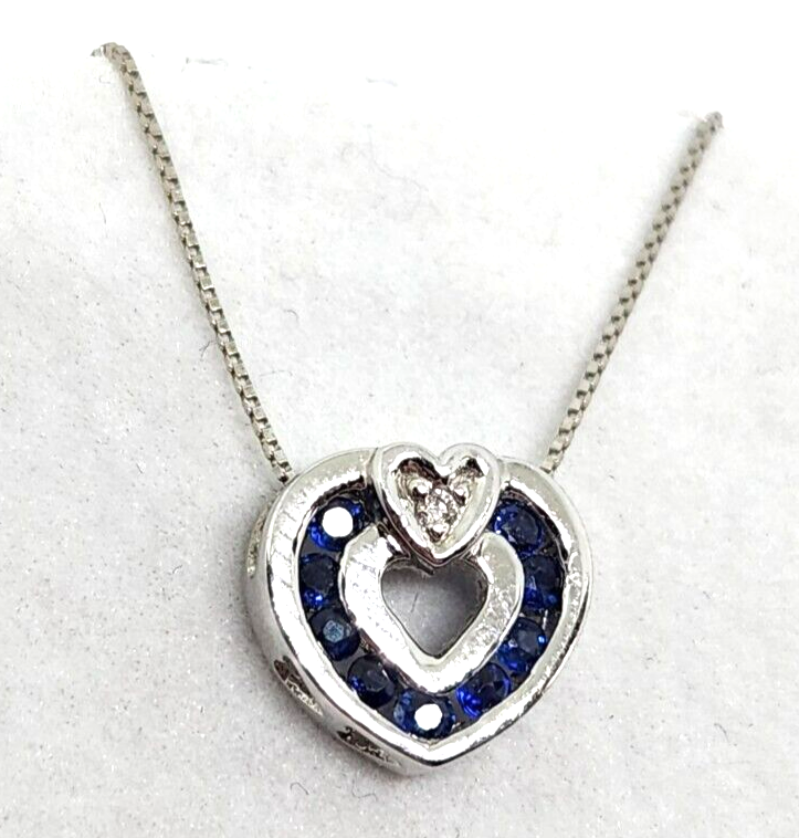 14k White Gold Sapphire & Diamond Heart Pendant W/ 14k Gold Box Chain, 23'' Long