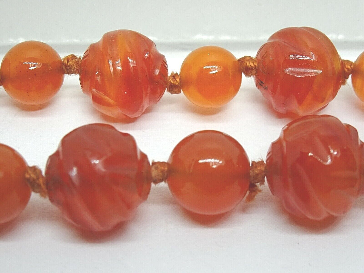 Vintage Carnelian Hand Knotted Carved Bead Necklace & Brooch Set 14k Gold Clasp