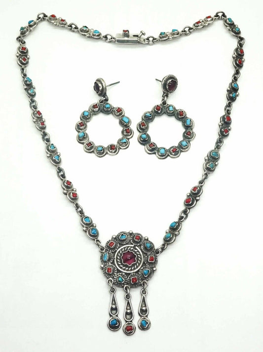 Vintage Taxco TM-206 Turquoise Coral & Crystal Sterling Silver Set MATL-Style