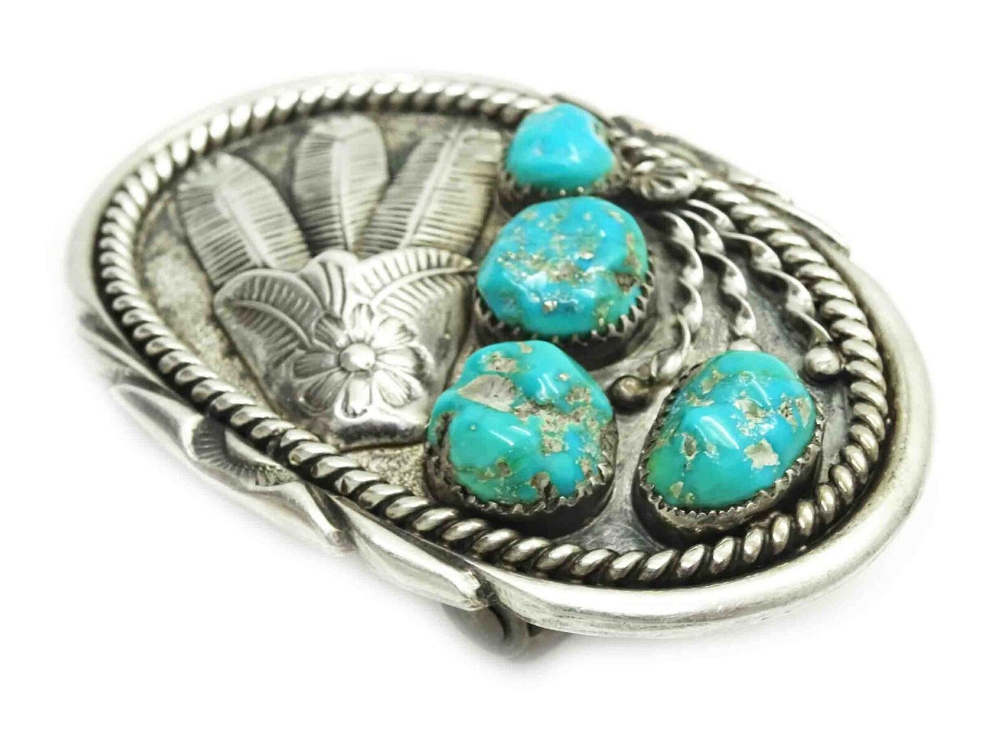 Native American Turquoise Nugget Feather Design Belt Buckle Sterling Silver