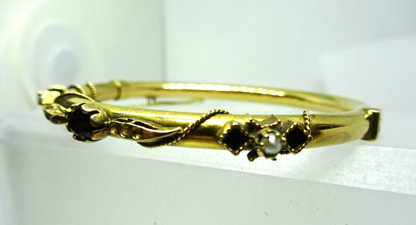 Vintage 14k .50CTW Garnet & Seed Pearl Hinged Bangle Bracelet, Safety Chain