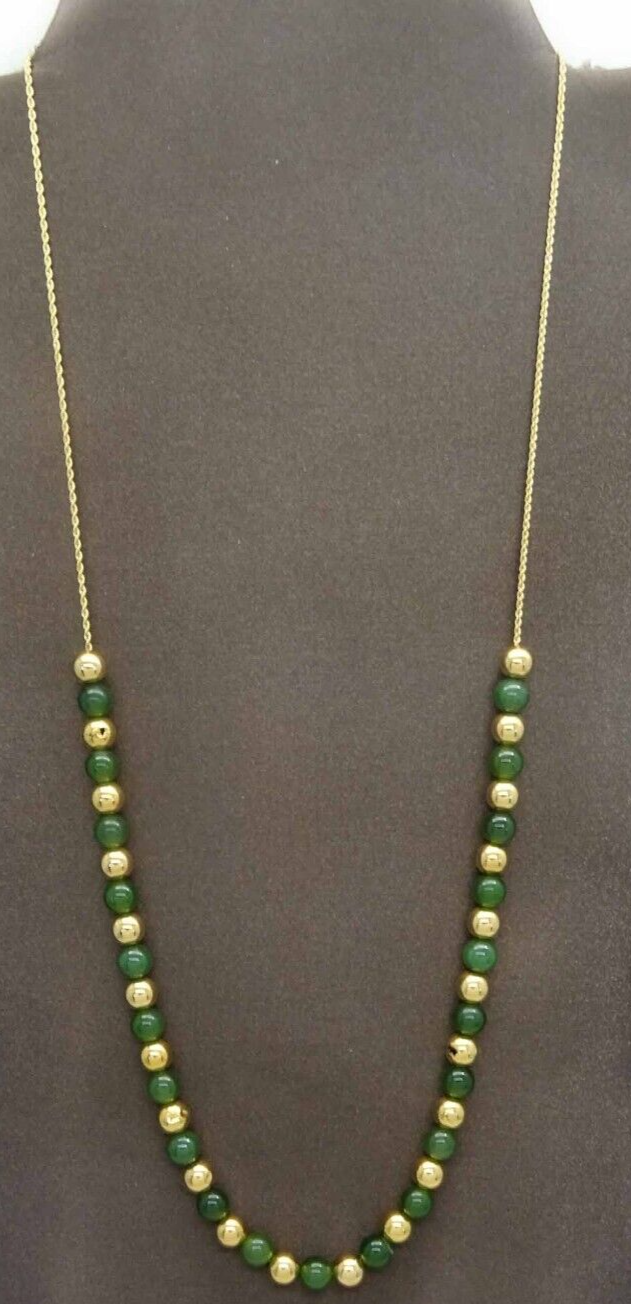 6.5mm Nephrite Jade & Hollow Gold Floating Bead Necklace 14k Gold As Is