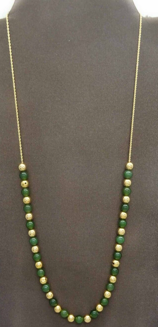 6.5mm Nephrite Jade & Hollow Gold Floating Bead Necklace 14k Gold As Is