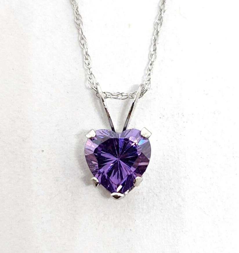 Heart Purple CZ 10k White Gold Necklace, 18'' Long