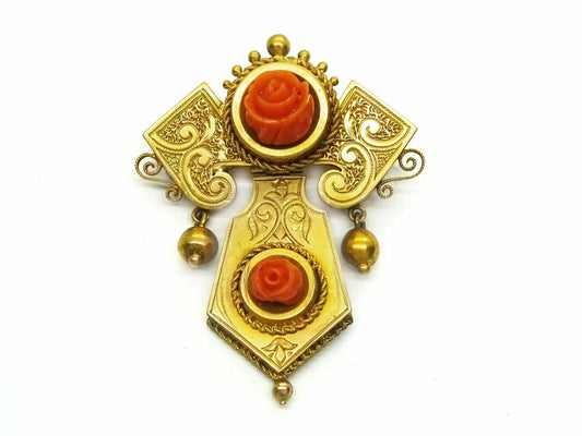 Victorian Hinged Carved Rose Red Coral Lavalier Brooch Pendant 16k Gold