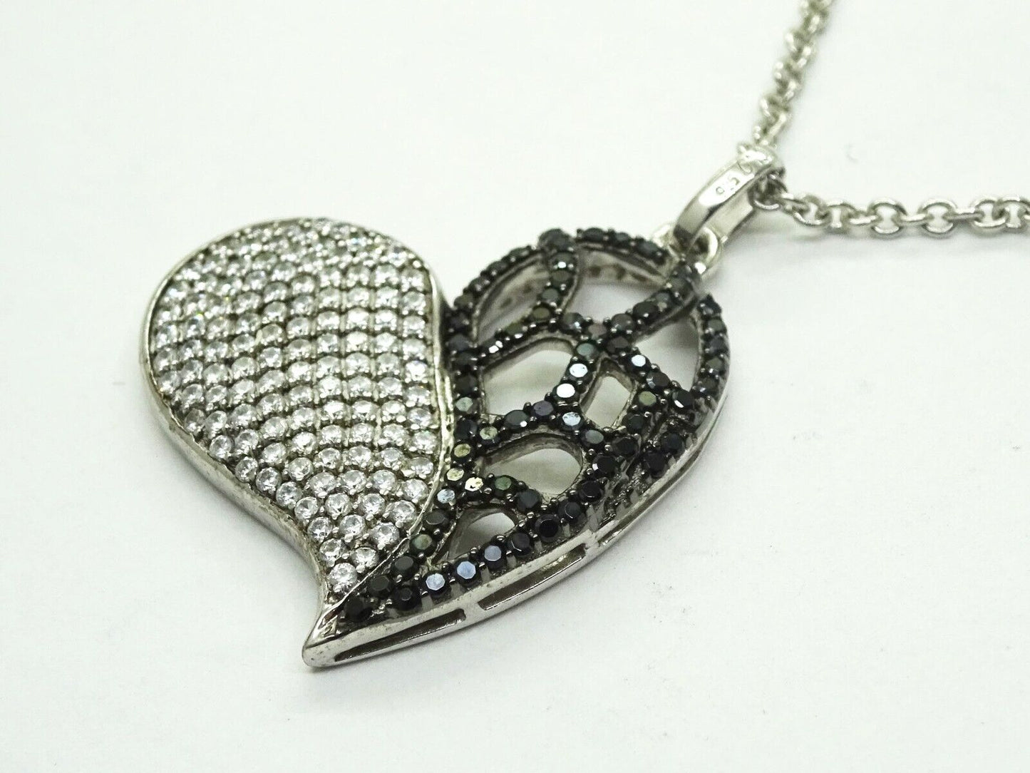 Black & White CZ Pave Half Open Heart Pendant Chain Sterling Silver