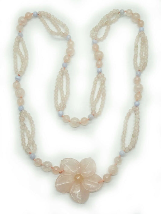 Pink Carved Flower Rose Quartz Bead Necklace 32"