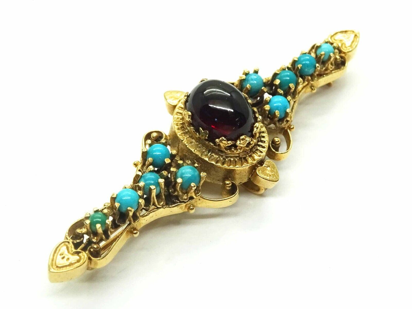 Antique Natural Garnet & Turquoise Watch Holder Brooch Pin 14k Gold Signed SB