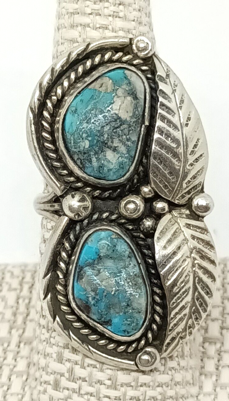 Native American Hand Signed Turquoise & Sterling Silver Ring Size 8.5, 14.5 g