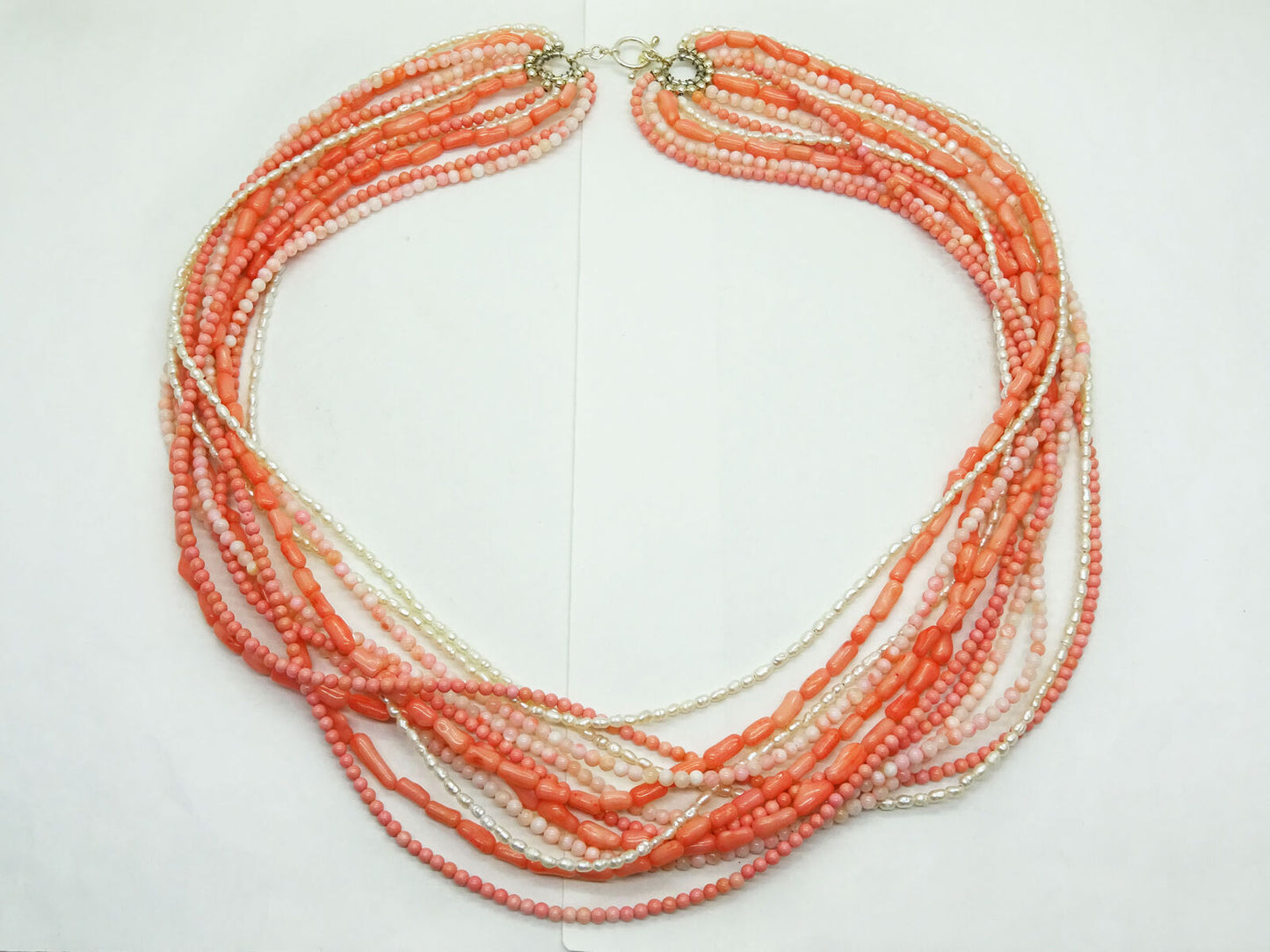 Natural Angel Skin & Rosa Pink Coral, Seed Pearl 11-Strand Necklace