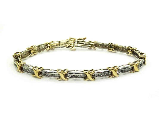 2.10ct tw Natural Diamond X Kiss Station Tennis Bracelet Two-Tone 10k Gold