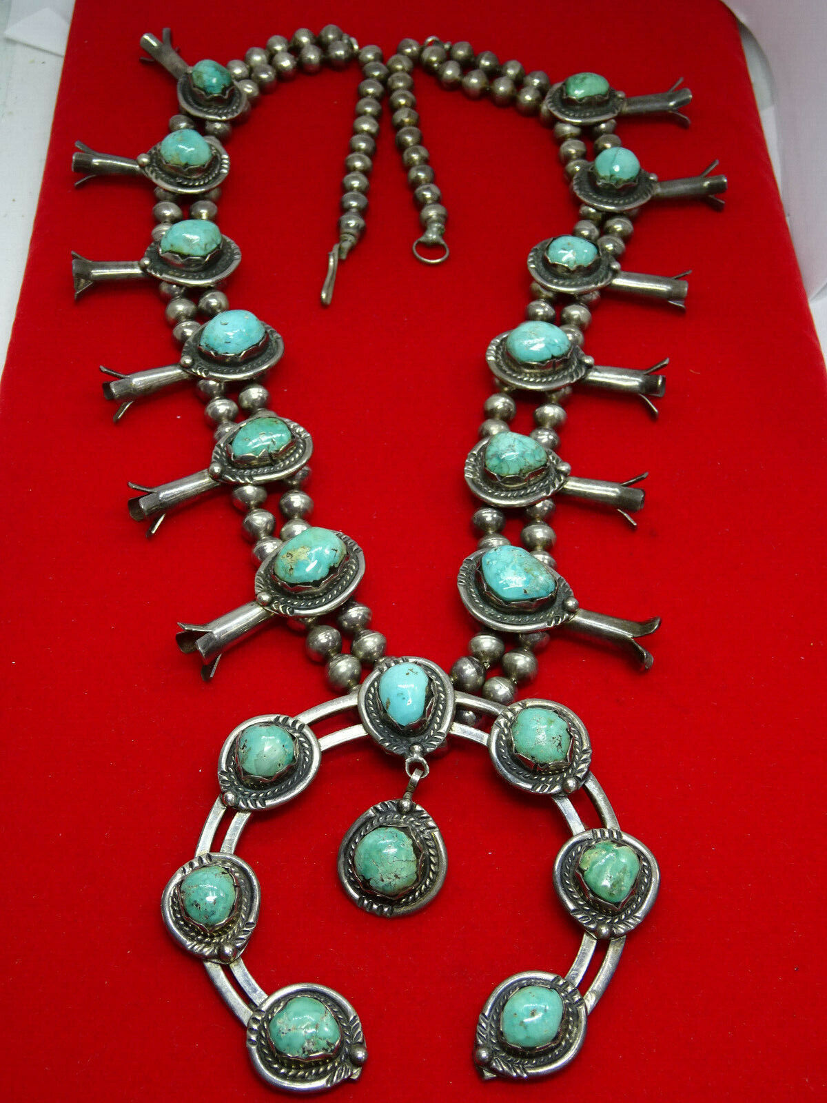 Vintage Southwestern Turquoise Nugget Squash Blossom Necklace 27" 240 Grams