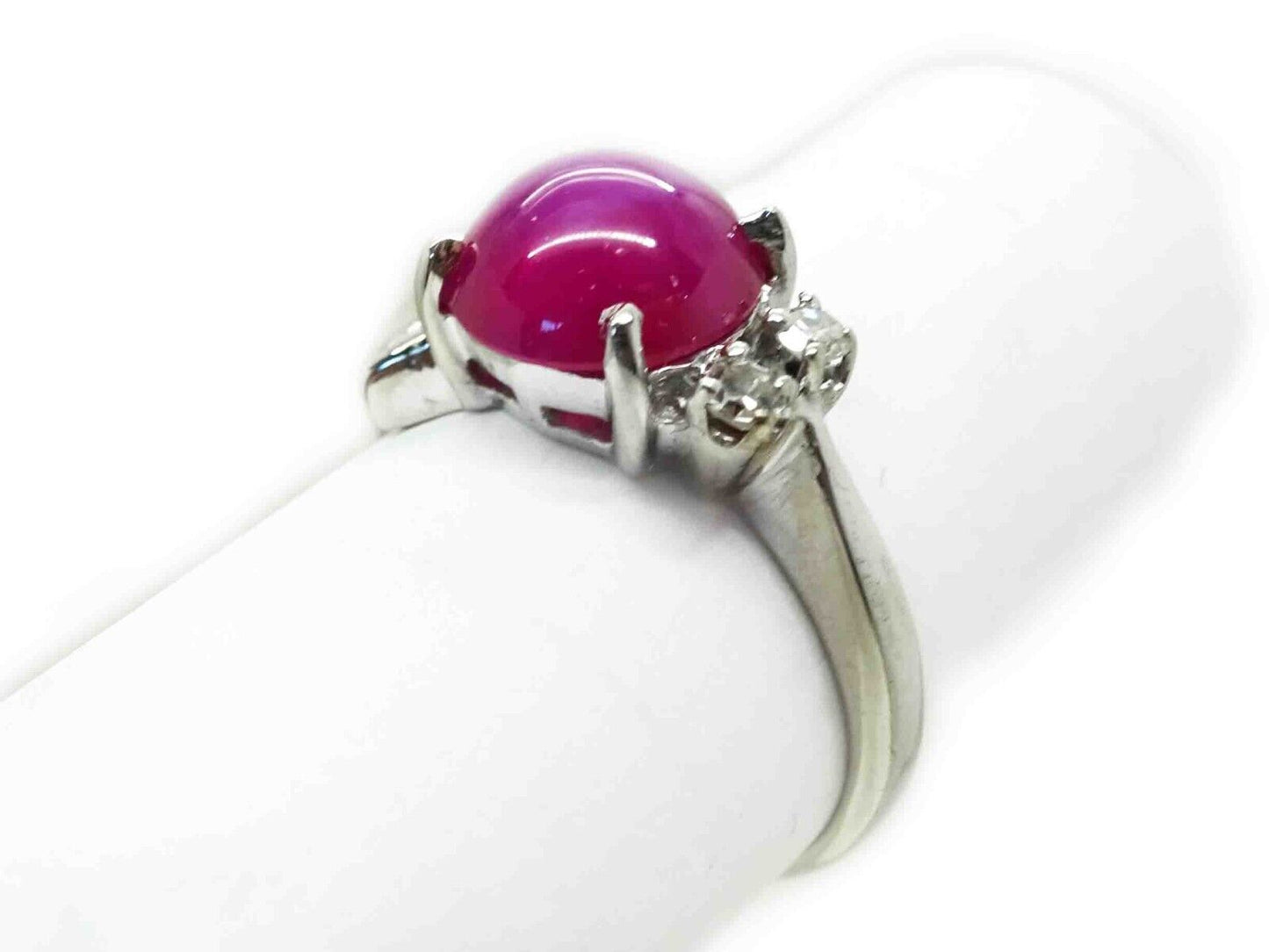 Vintage Lab-Created Lindy Star Ruby & Natural Diamond Ring 14k White Gold Sz 3.5