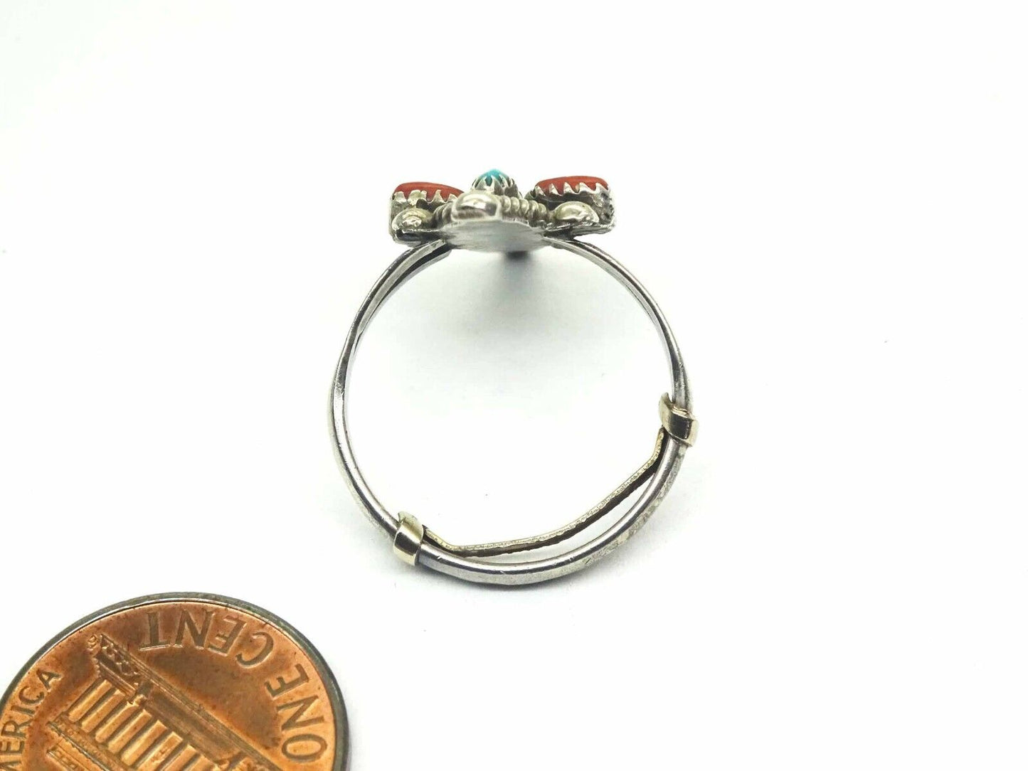 Southwestern Needle Point Turquoise & Red Coral Ring Sterling Silver Size 6.5