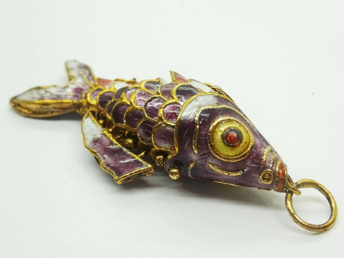 Vintage Chinese Sterling Gold Wash Purple Enamel Articulated Fish Pendant