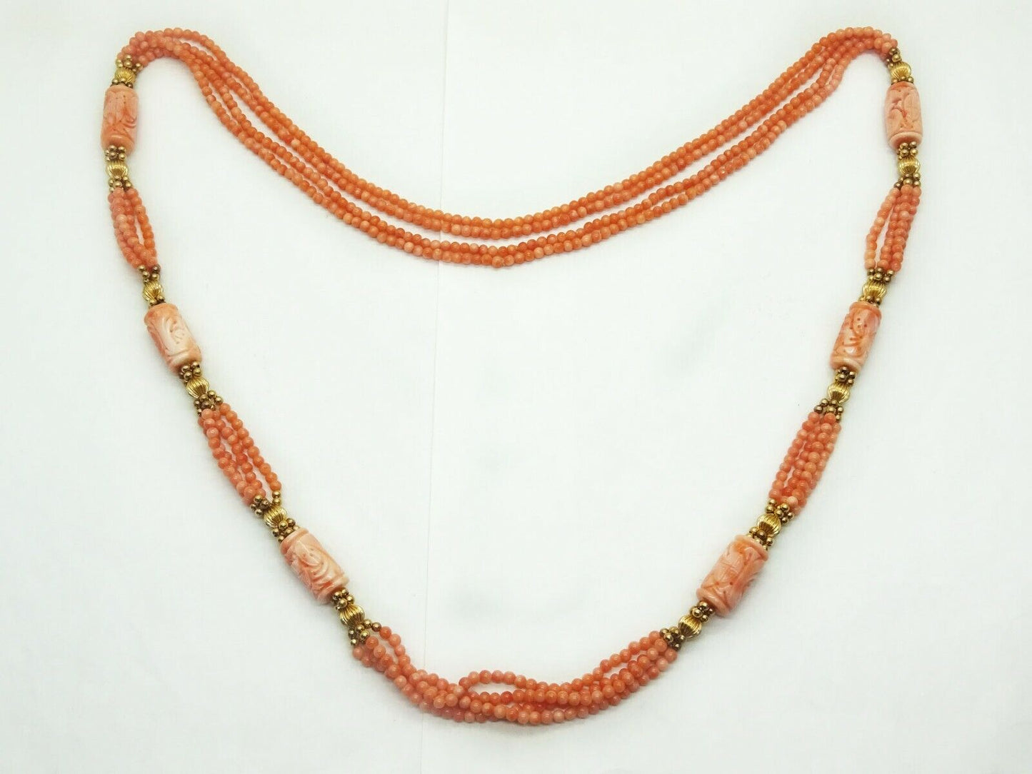 Angel Skin Multi-Strand Bead & Carved Tube Coral Bead Necklace 14k Gold 36"