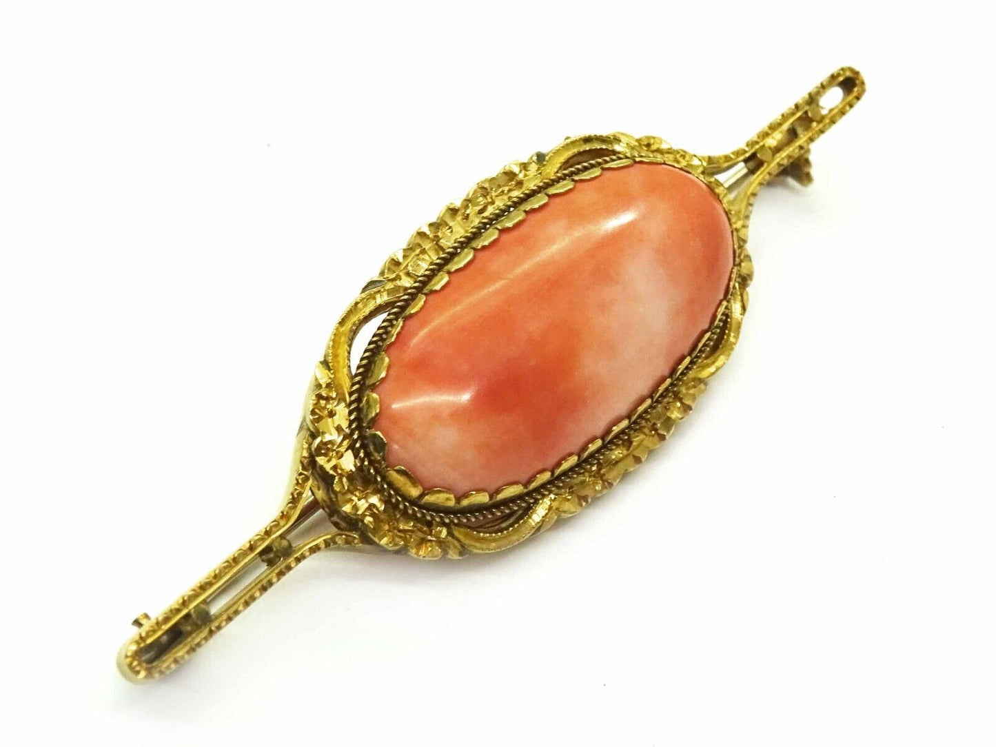 Estate Large Oval Coral Cabochon Brooch Pin 18k Gold