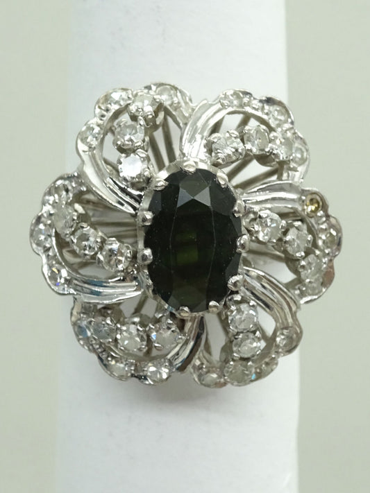 Natural Oval Green Sapphire & Diamond Ballerina Ring 14k White Gold Size 5.5