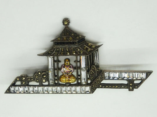 Estate Antique 1940s Crystal & Marcasite Sterling Silver Palace Pagoda Fur Pin