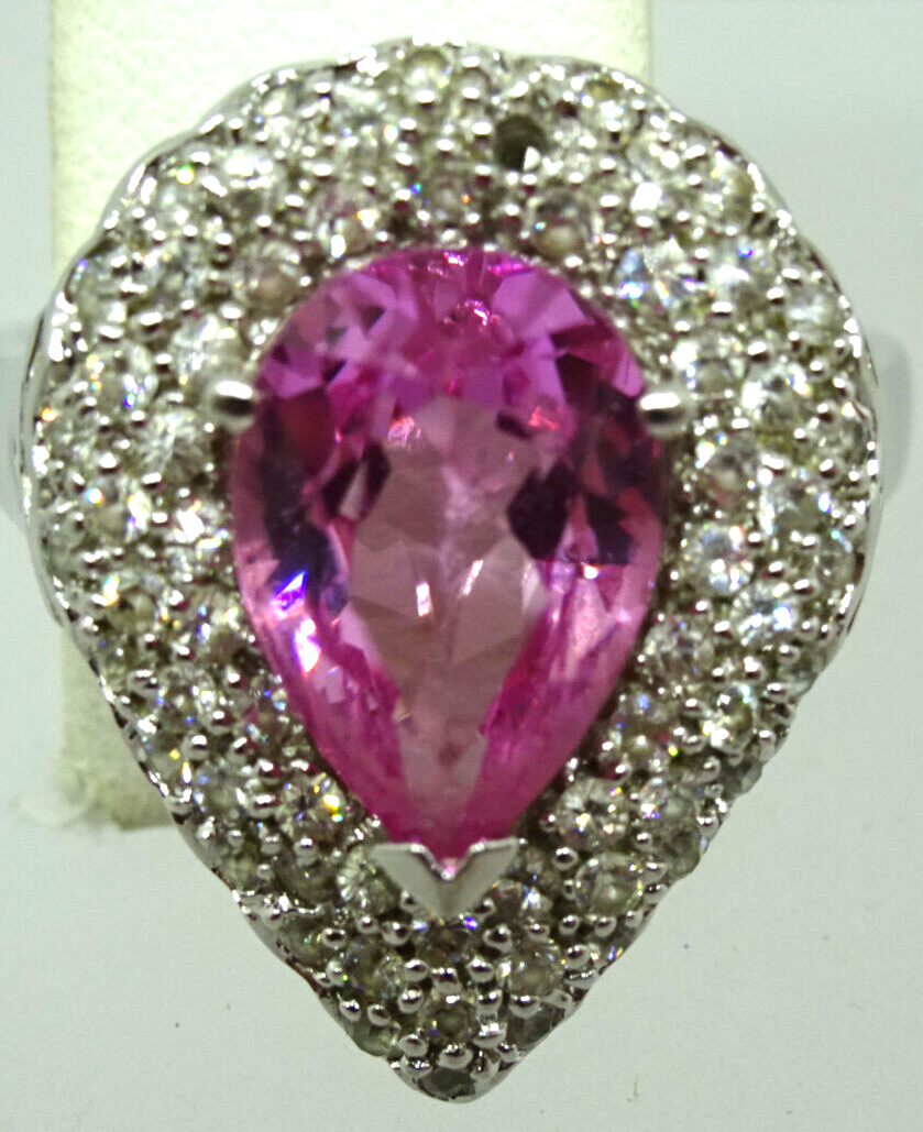 Synthetic Pink Gem & CZ Ring Rhodium Plated Sterling Silver Size 10