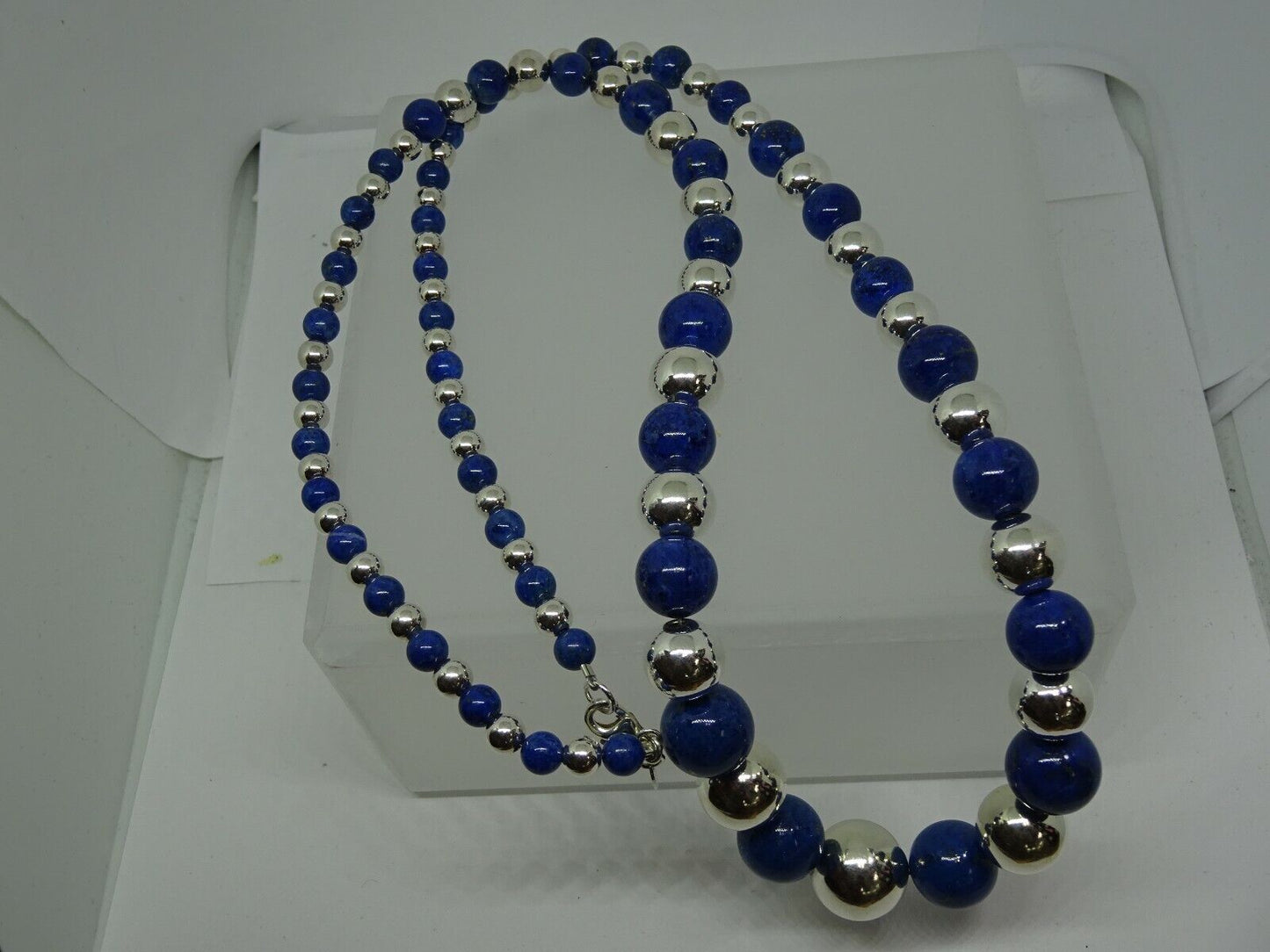 Natural Lapis Lazuli and Sterling Silver Bead Necklace 30" Extra Long