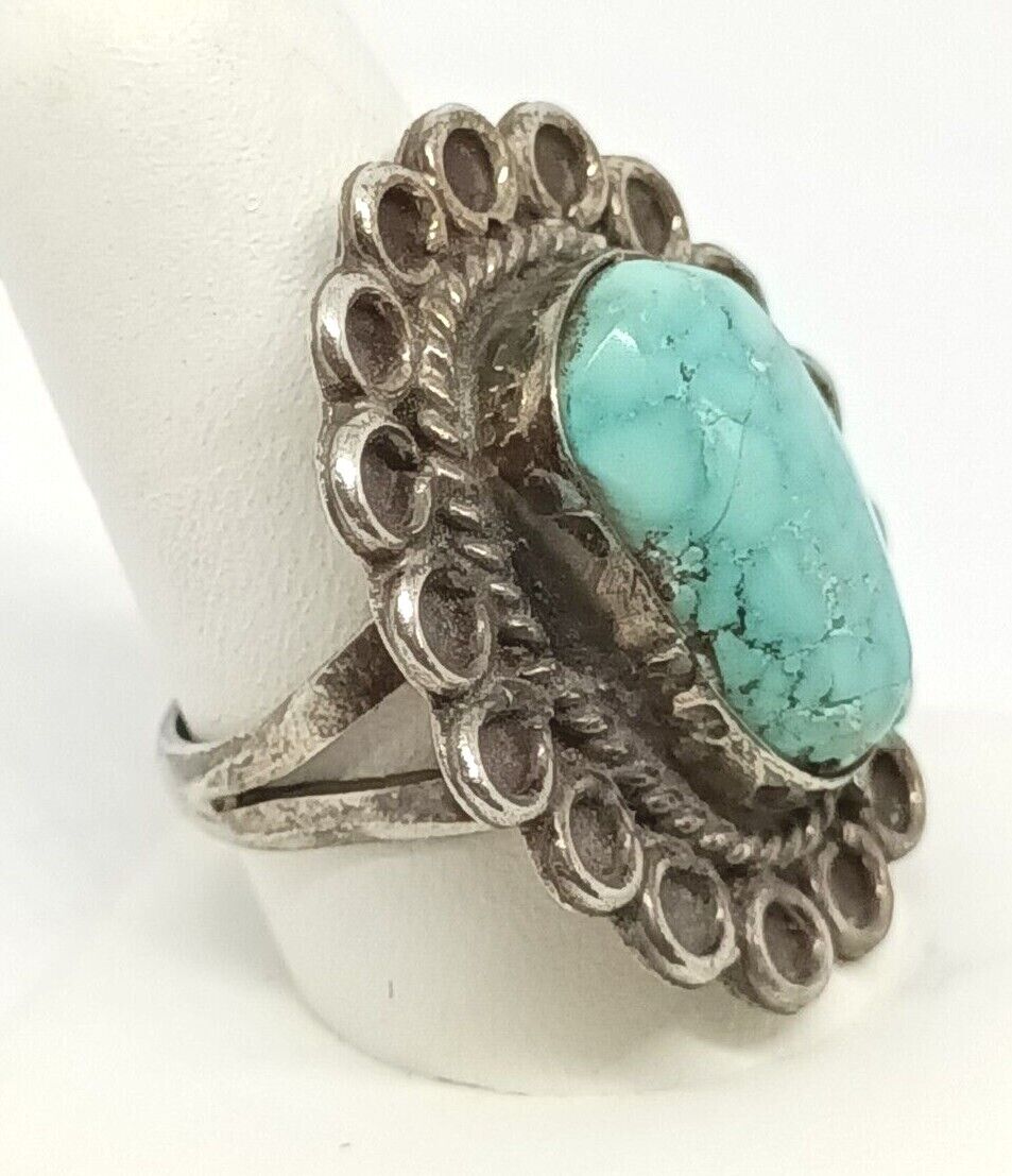 Large Old Pawn Native American Navajo Sterling Silver Turquoise Ring, Sz.7.75