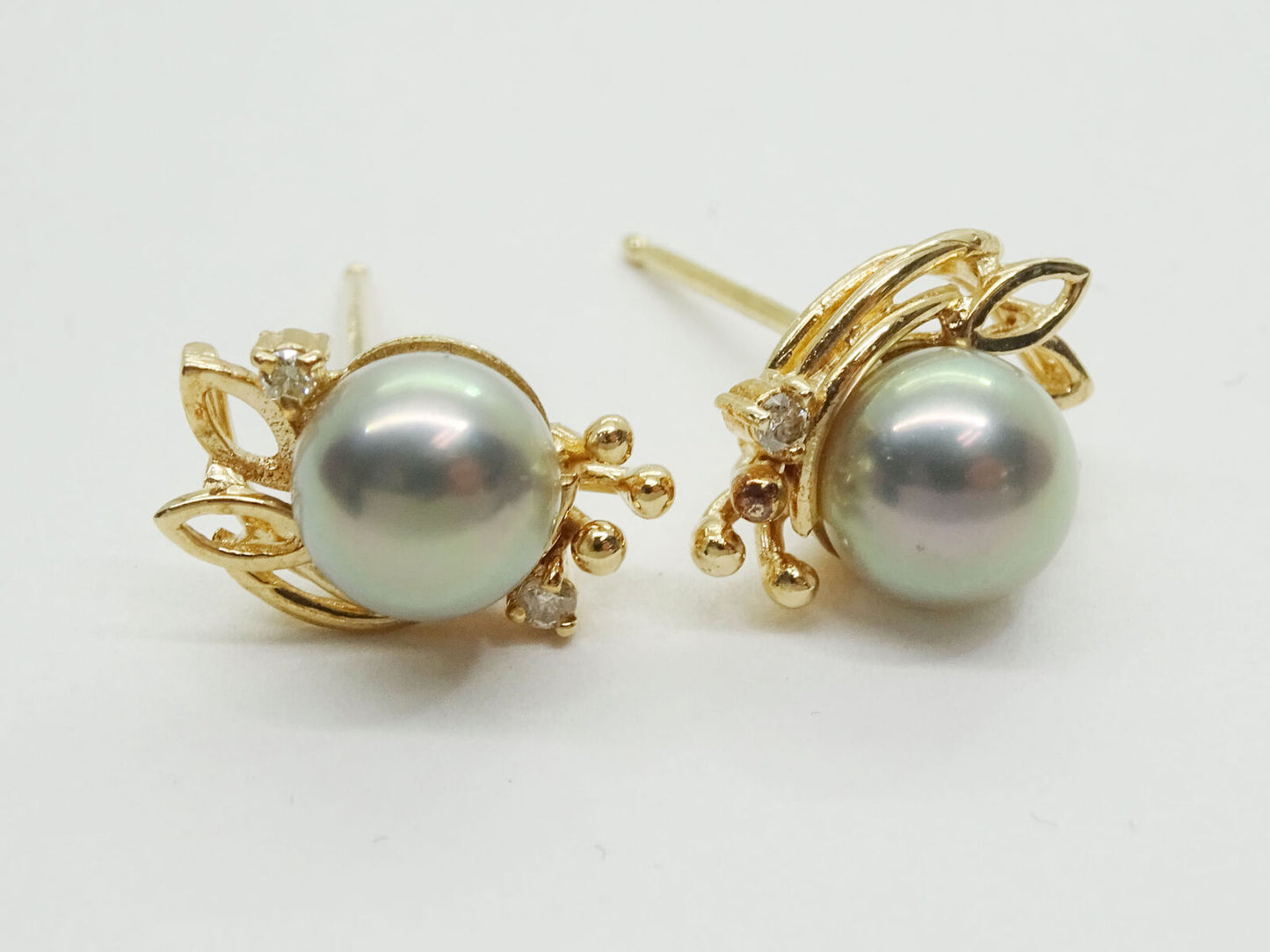 Genuine Akoya Grey Pearl Diamond Accent Leaf Stud Earrings 14k Gold