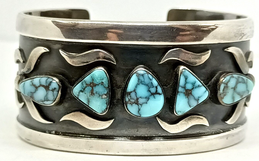 Southwest Spiderweb Turquoise & Sterling Silver Shadow Box Cuff Bracelet 5.5''