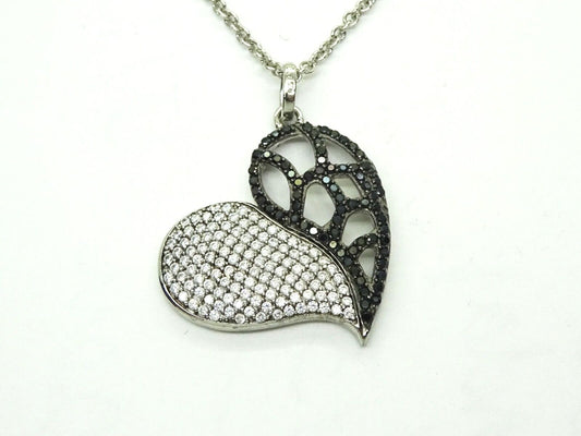 Black & White CZ Pave Half Open Heart Pendant Chain Sterling Silver