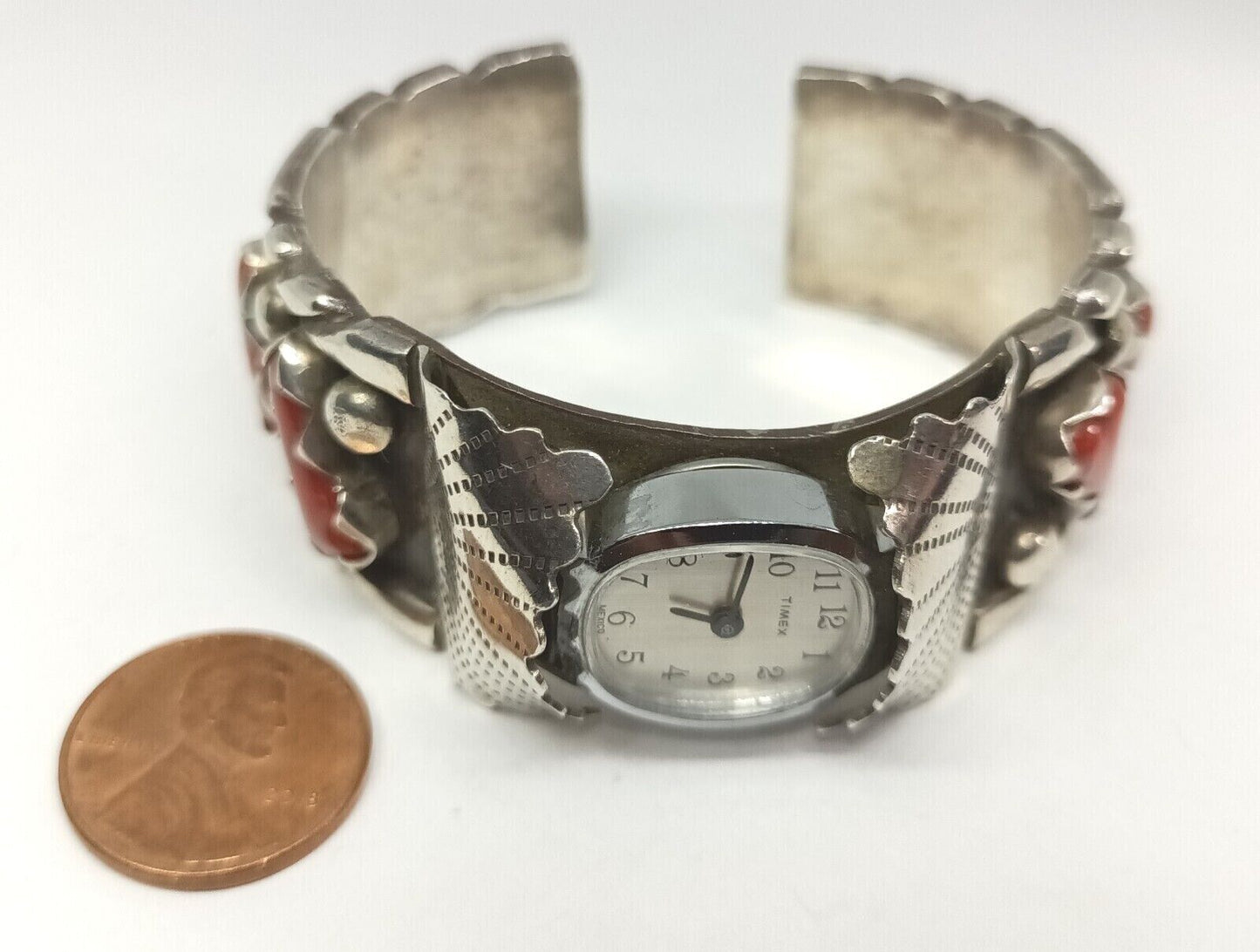 Vintage Southwestern Sterling Silver Watch Cuff Bracelet W/ Coral