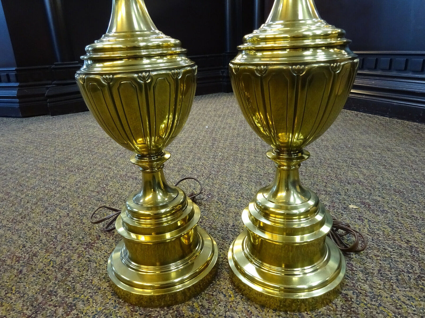 Mid-Century STIFFEL BRASS Table Lamps,Urn Style,w/ Matching Shades,Pair of 2