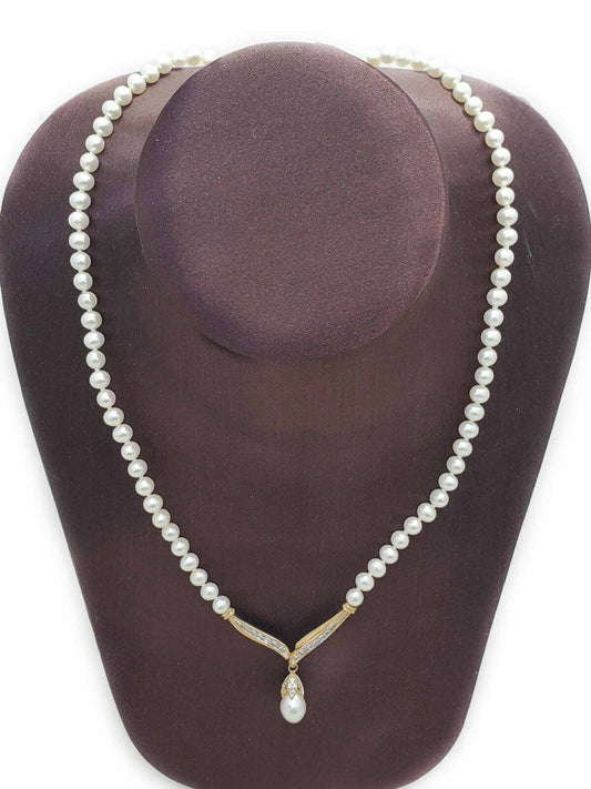 Estate Alwand Vahan Diamond & Pearl Y-Drop Station Bead Necklace 10k Gold 18.5"